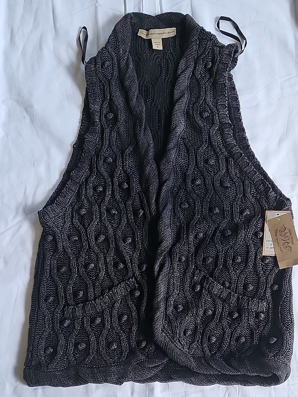 Vintage America Gray Cable Knit Open Cardigan Vest S
